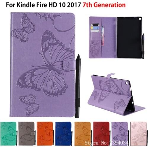 Case For Amazon Kindle Fire HD 10 2017 7th generation Tablet Cover Funda butterfly Embossed Pattern Flip Stand Skin Coque Shell