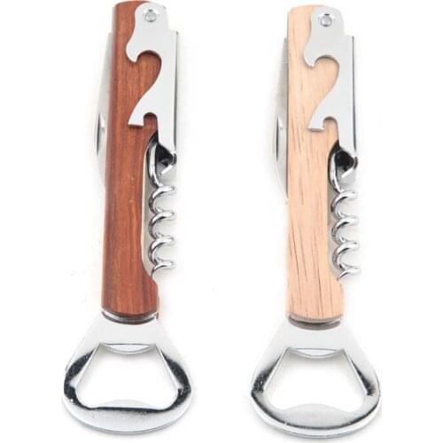 Wood Handle Wine Opener Stainless Steel Hand-Held Deluxe Bottle Opener Double Hinge Corkscrew LX6314