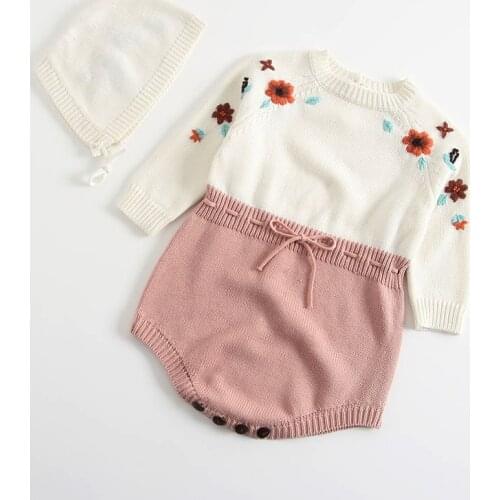Baby Jumpsuit Baby Girl Clothes Long sleeve Newborn embroidery Autumn Knitted Romper +Hat set Baby Girl Clothing Infant Clothing