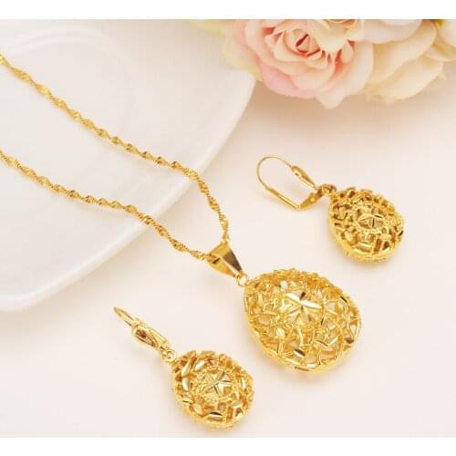Ethiopian set hollow flower Necklace Pendant Earring Set Joias Ouro Gold Color Jewelry African Bridal Wedding Jewelry Arab Sets