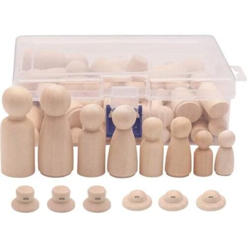 FBIL-Wooden Peg Dolls, 56PCS Unfinished Decorative DIY Angel Tiny Doll Bodies Painted Natural Wooden People with Hats