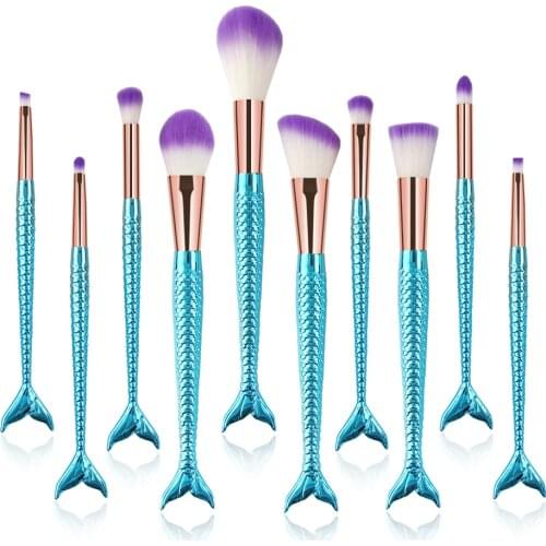 Kaizm 10pcs Mermaid Makeup Brushes Set Eyeshadow Concealer Blush Foundation Highlighter Brush Beauty Tool Make Up Brush Kits
