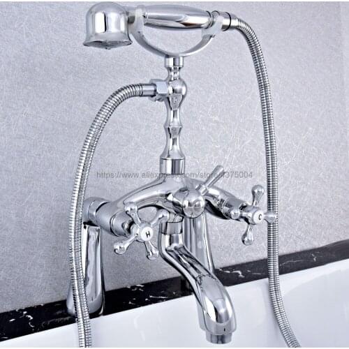 Deck Mounted Bathtub Faucet Double Handle Polished Chrome Mixer Tap Bath Shower Faucets With Hand Shower Ntf751