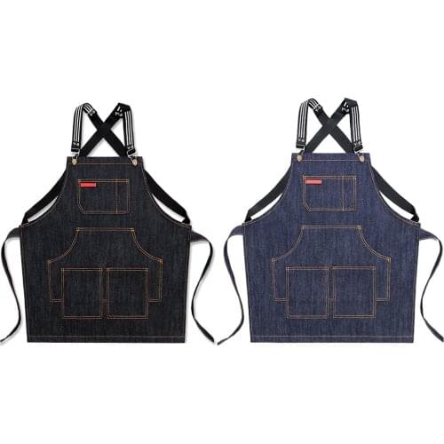 Korean Style Fashionable Denim Apron For Men Women Work Custom Barista Apron Cafe Barber Shop Painting Cooking Jean Fabric