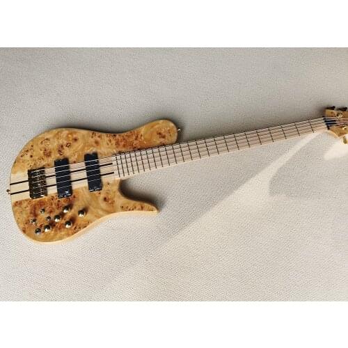 Factory Outlet-5 Strings Natural Wood Color Neck-thru-body Electric Bass Guitar with Bark Grain Veneer,Maple fretboard