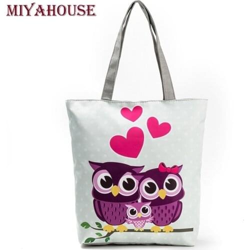 Miyahouse Cute Owl Printed Beach Bag Female Floral Canvas Casual Tote Ladies Shopping Bags Daily Use Single Shoulder Bag Bolsa