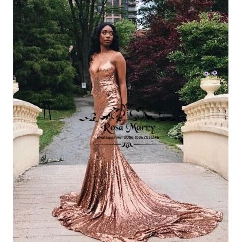 Sexy Rose Gold Sequined Mermaid Prom Dresses 2020 New Backless Plus Size Simple Cheap Long Vestido De Fiesta Formal Party Gowns