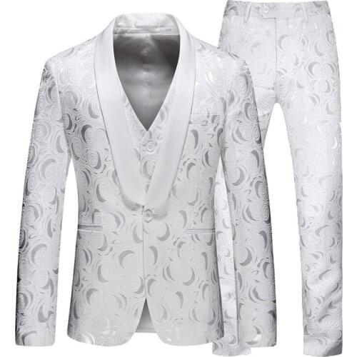 White Floral Wedding Tuxedo for Groom 3 Pieces Slim Fit Men Suits with Satin Shawl Lapel Custom Male Fashion Costume Jacket Vest