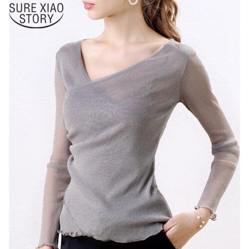 New Casual Fashion Long Sleeve Plus Size Mesh Backing Shirt Women Tops V-Neck Solid Regular Full Regular Women Shirts 5903 50