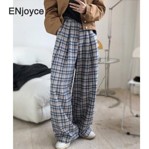 2020 Fall Winter Vintage Gray Plaid Wide Leg Pants Women Casual Trousers Streetwear Japanese Chic Loose Oversize Harem Pant