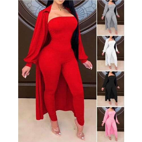2021 Femme Blacks Ribbed Bodice & Bodysuit Suit Lady Sporty Clothing Spring Autumn Women Plain Skinny Jumpsuit Long Coat Sets