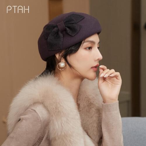 [PTAH] Wool French Beret Hat Solid Color Beret Cap for Women Girls Elegant Temperament 100% Wool Vintage Plain Beret Lace Bow
