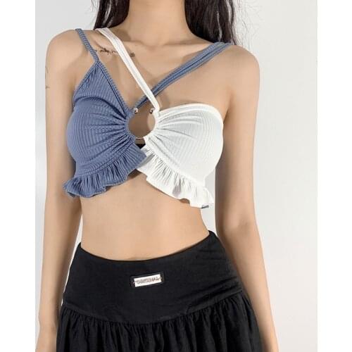 Womens Sexy Rib Knit Crisscross Camisole Summer Casual Color Block Ruffle Trim Sleeveless Spaghetti Strap Crop Tops Beachwear