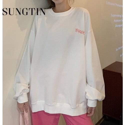 Sungtin Vintage Letters Embroidered O-neck Loose Sweatshirt Women Korean Solid Simply Casual Oversized Pullover High Street Tops