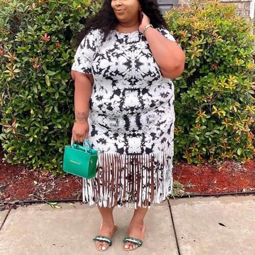 4XL 5XL Plus Size Dresses for Women White Printed Bodycon Tassel Mid Calf Fashion Sexy Evening Night Club Vestidos Mujer Dress