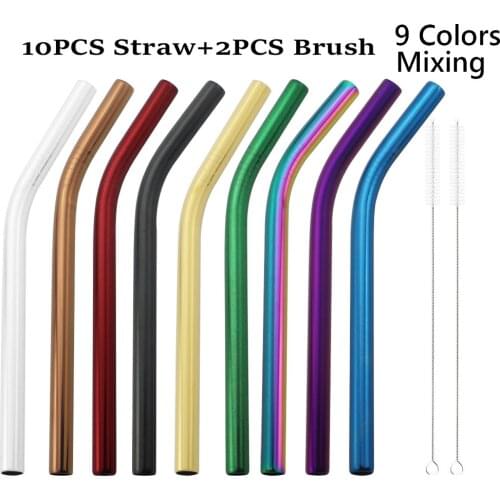 10pcs 12mm Eco Friendly Reusable 304 Stainless Steel Drinking Straws Set Bent Straight Metal Straw for Smoothie Boba Bubble Tea