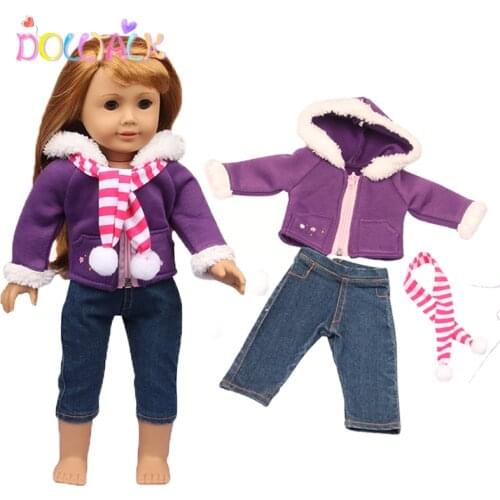 18 Inch Personalized Winter Unisex American Doll Clothes Suit+ Pant+Scarf /Set Purple Plush Jacket For 1/3 Blyth&Our Generation