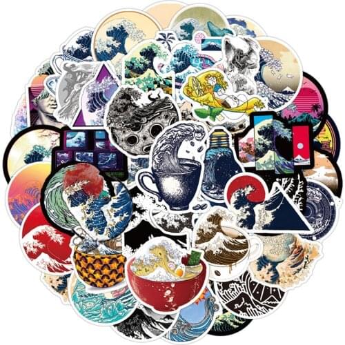 50pcs Vintage Sea Wave Doodle Sticker Decals Kids Classic Gift For DIY Stationery Luggage Refrigerator Laptop Guitar Sticker