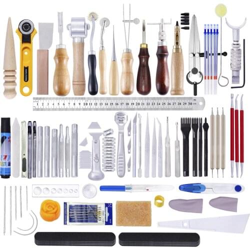 83Pcs DIY Leather Stitching Tool Hand Sewing Kit with Prong Hole Punch Edge Stamping Creaser Groover Awl Leathercraft Tools Set