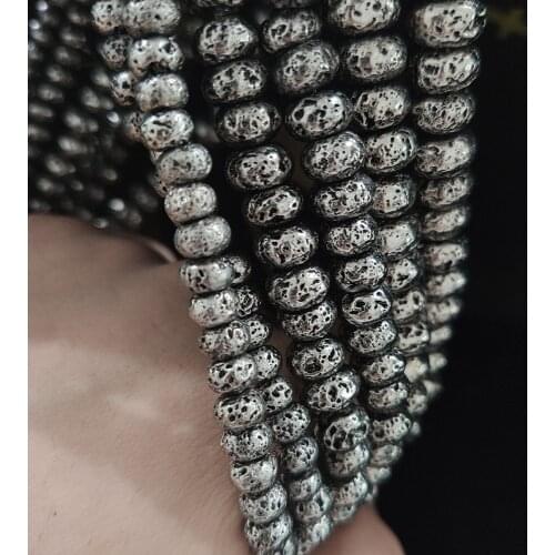 BTFBES Natural Lava Stone Antique White Gold Volcanic Rock Beads flat round 6 8 10mm loose beads for Jewelry Bracelet Making DIY