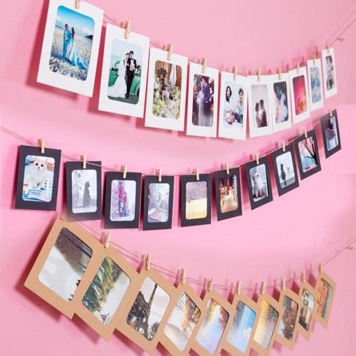 10PCS Paper Frame with Clips DIY Picture Holder Kraft Paper Picture Frame Wooden Rope Hanging Wall Photos Album Wall Decoration