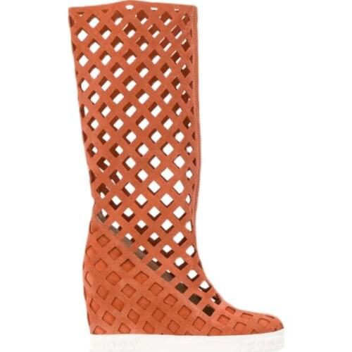 Carpaton Fashion Height Increasing Knee High Boots Women Hollow Out Summer Sandal Boots Brown Suede Sexy Shoes