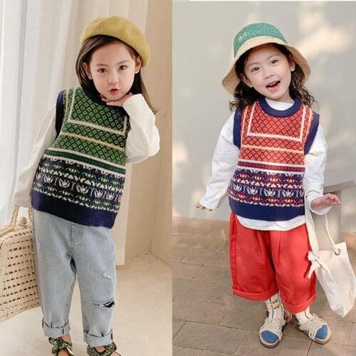 Childrens vest 2021 spring new style Korean boy retro sweater vest western round neck knitted top trend P4373