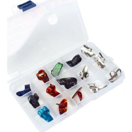 15 pcs Stainless Steel Celluloid Thumb Finger Guitar Picks + 15 grid case