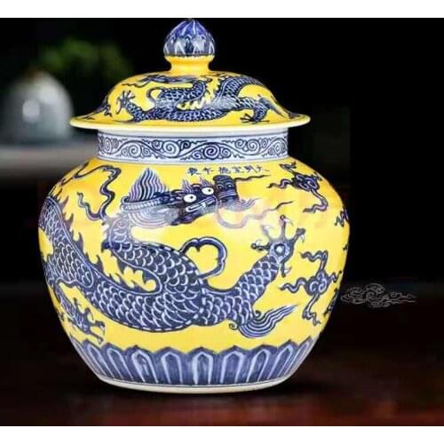 Chinese Style Yellow Dragon Pattern Ceramic Storage Tank Porch Cabinet Decoration Blue and White Porcelain Tea Caddy Home Decor
