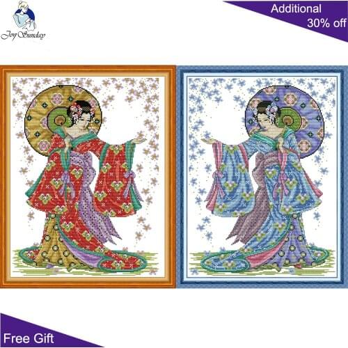 Joy Sunday Japan Kimono Beauty RA292 RA293 14CT 11CT Counted and Stamped Home Decor Rain Flower Embroidery DIY Cross Stitch kits