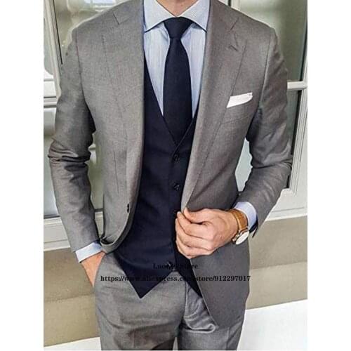 Classic Mens Suits Casual Grey Slim Fit Wedding Groom Tuxedo Formal Business Blazer 3 Piece Sets Ropa Hombre (Jacket+Vest+Pants)