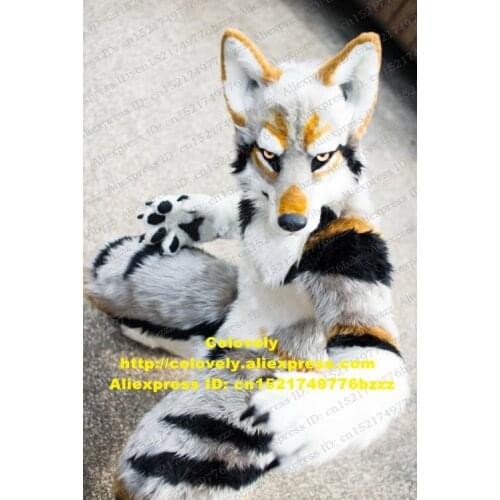 Grey White Long Fur Furry Husky Dog Wolf Fox Fursuit Mascot Costume Adult Cartoon Character Suit Family Outings Big Party zz7583