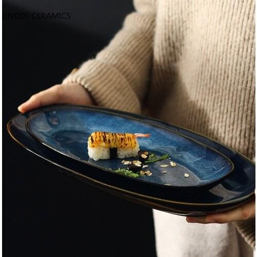 Creative Oval Ceramic Shallow Plate Japanese Sushi Dish Steamed Fish Household Large Fish Plate SteakHand-Pulled Noodle Tray