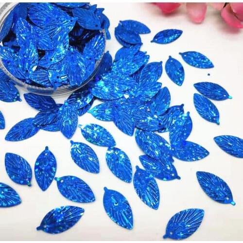 50g/lot Laser Blue Leaf Sequins 9*18mm PVC Flat Paillette Hologram Sewing Cute Small Dark Blue Leaves