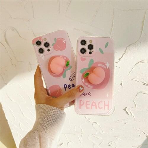 Cute Pink 3D Peach Squishy Phone Case For iPhone 12 11 Pro Max XR XS SE 2020 8 7 Plus Funny Stress Reliever Soft Cover Fundas
