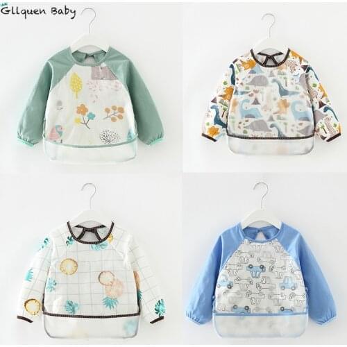 Baby Bib Long-sleeved Waterproof Infant Eating Children Drawing Apron Cartoon Baby Stuff 0-4Y Self Feeding Tools With Pocket