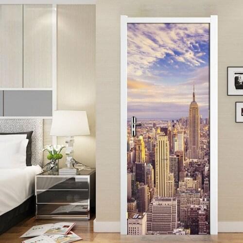 City Building Photo Mural Door Sticker Modern Living Room Bedroom Door Decoration 3D Wallpaper PVC Self-adhesive Papel De Parede