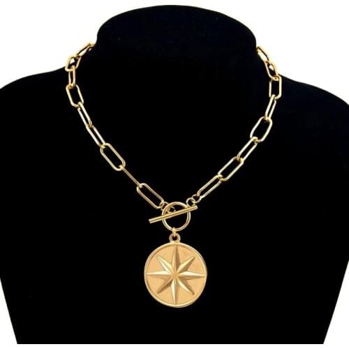 Stainless Steel Six-Pointed Star Coin For Women Toggle Buckle Gold/Silver Color Choker Collier