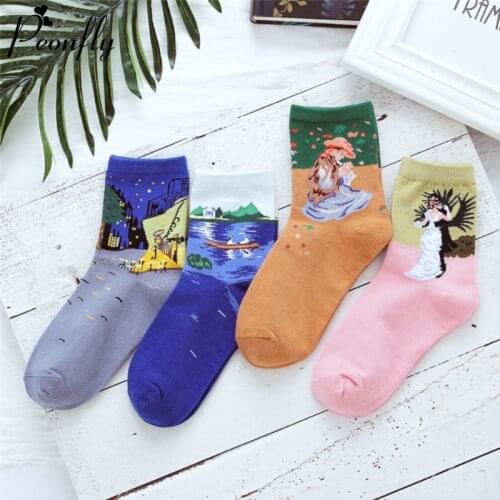 PEONFLY 1 Pair Women Retro Art Socks Casual Korean Style Cotton Calcetines Retro Vintage Van Gogh Famous Painting Funny Socks