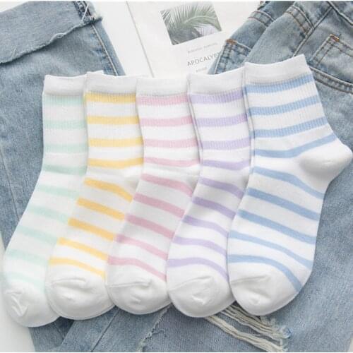 Womens Striped Cotton Casual Color Pink White Black Purple Yellow Socks 1 Pair Womens Fashion Sox Wholesale EU 35-43 Size