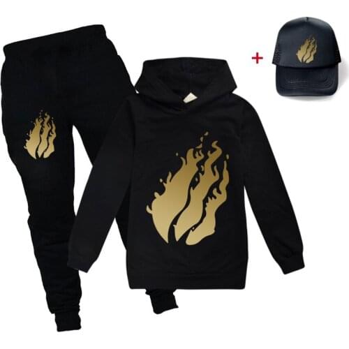 New PRESTONPLAYZ sports and leisure fashion childrens clothing long-sleeved hooded sweater + pants + hat boys and girls suits