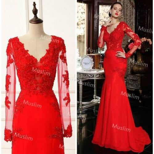 Charming Mermaid Red Evening Dress Sexy V Neck Long Sleeve Lace Prom Dresses 2021 Backless Satin Second Party Night Formal Dress