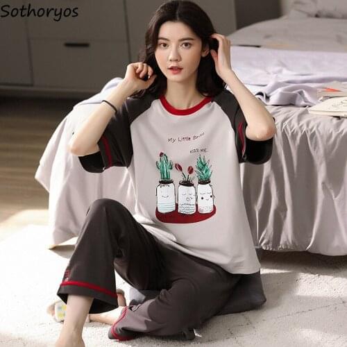 Pajama Sets Women Loose Cartoon Short Sleeve Tops Full Length Korean Style Kawaii Casual Soft Nightwear Summer Comfort Harajuku