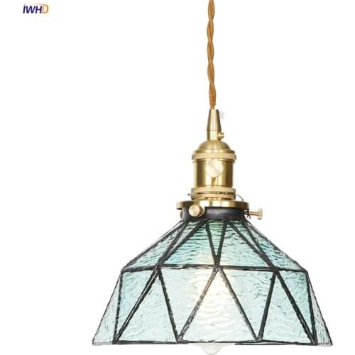 IWHD Japan Style Bule Glass Pendant Lights Kitchen Cafe Bar Living Room Switch Nordic Modern Copper Hanging Lamp Light Luminaria