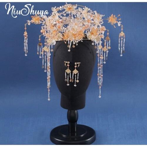 NiuShuya Luxurious Chinese Vintage Big Size Hairwear Phoenix Coronet Long Tassel Clear Flower Wedding Hair Accessory