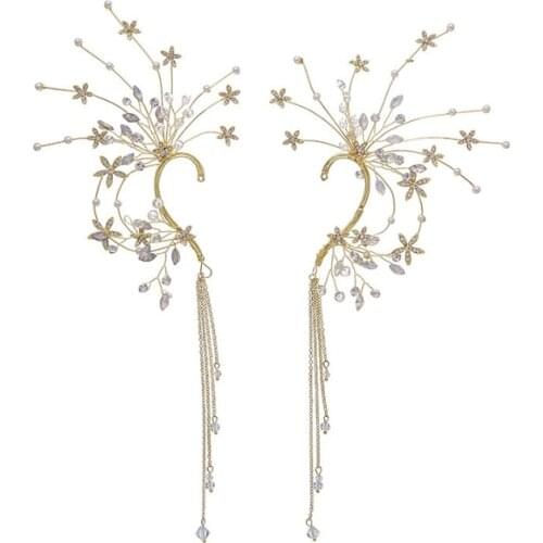 1pair Korean bride Fashion Bridal Gold studded flower earrings long tassel rhinestone wedding Evening accessories earrings Women