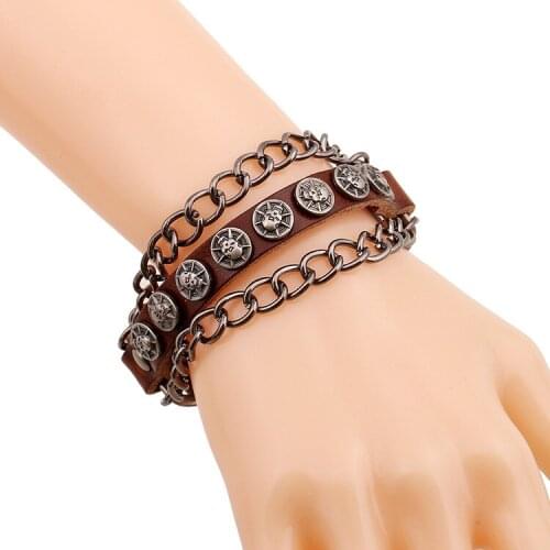 Prevalent Punk Bracelet Skull Chain Genuine Leather Brown Bracelets For Men Women New Arrival
