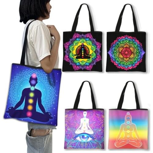 Seven Chakras Meditating Buddha Shopping Bag Buddhism Mandala Women Handbag Canvas Shoulder Bag Large Capacity Shopper Bags