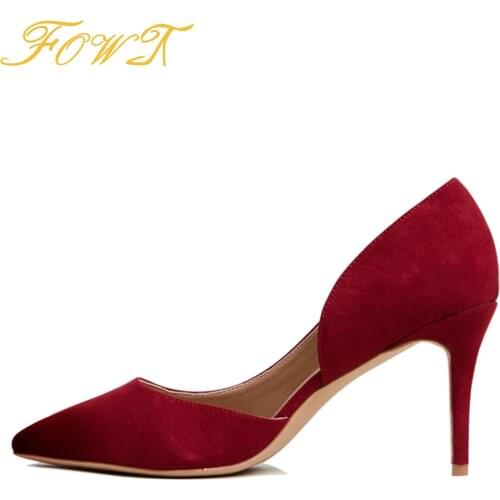Red Flock Pointed Toe Punmps Slip-On Thin High Heel Shallow Heels Spring/Autumn Free Shipping Fashion Sexy Shoes for Women 2021