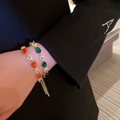 Vintage Luxury Crystal Zircon Inlaid Flower Gold Plated Chain Bracelet Adjustable Korean New Fashion Jewelry Women Bracelet 2021
